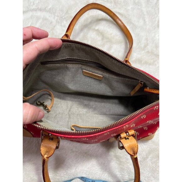 Dooney & Bourke Red Monogrammed Satchel Handbag With Tan Leather Trim & Handles - Picture 3 of 7